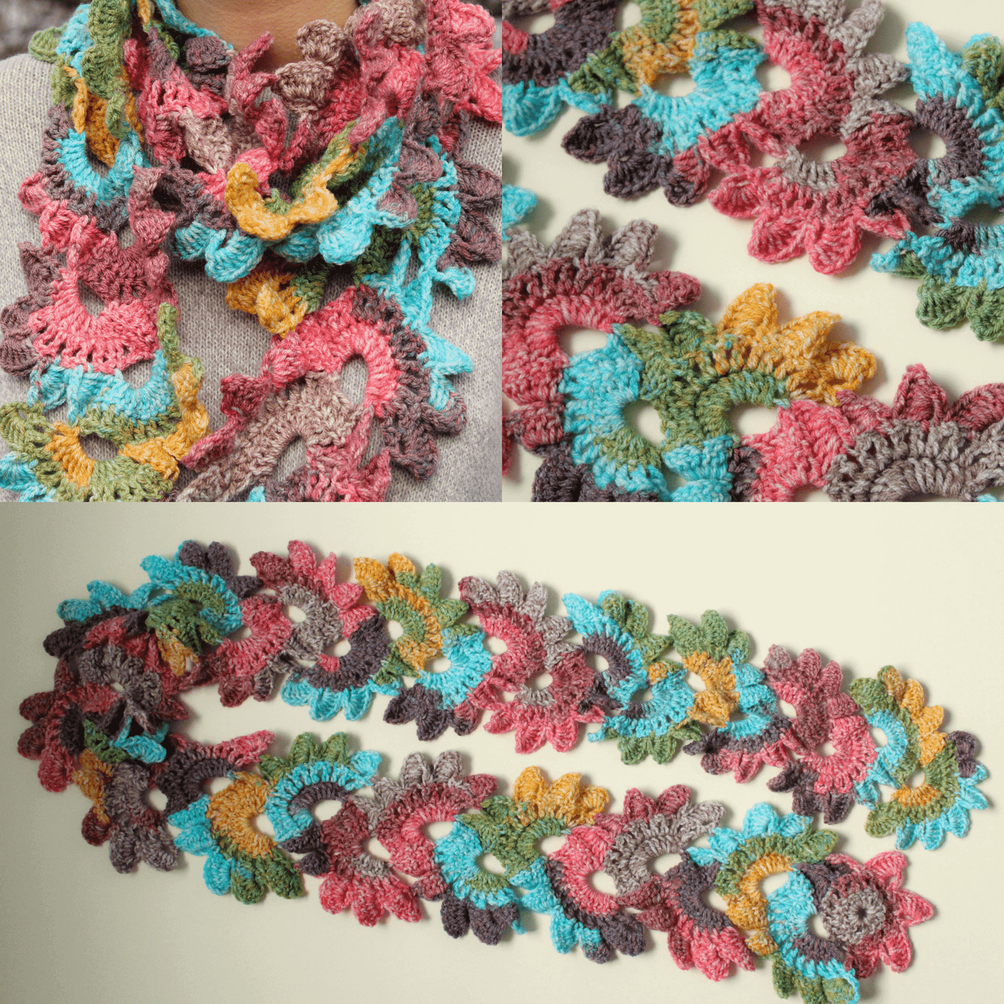 Fular floral croșetat din fir acrilic multicolor