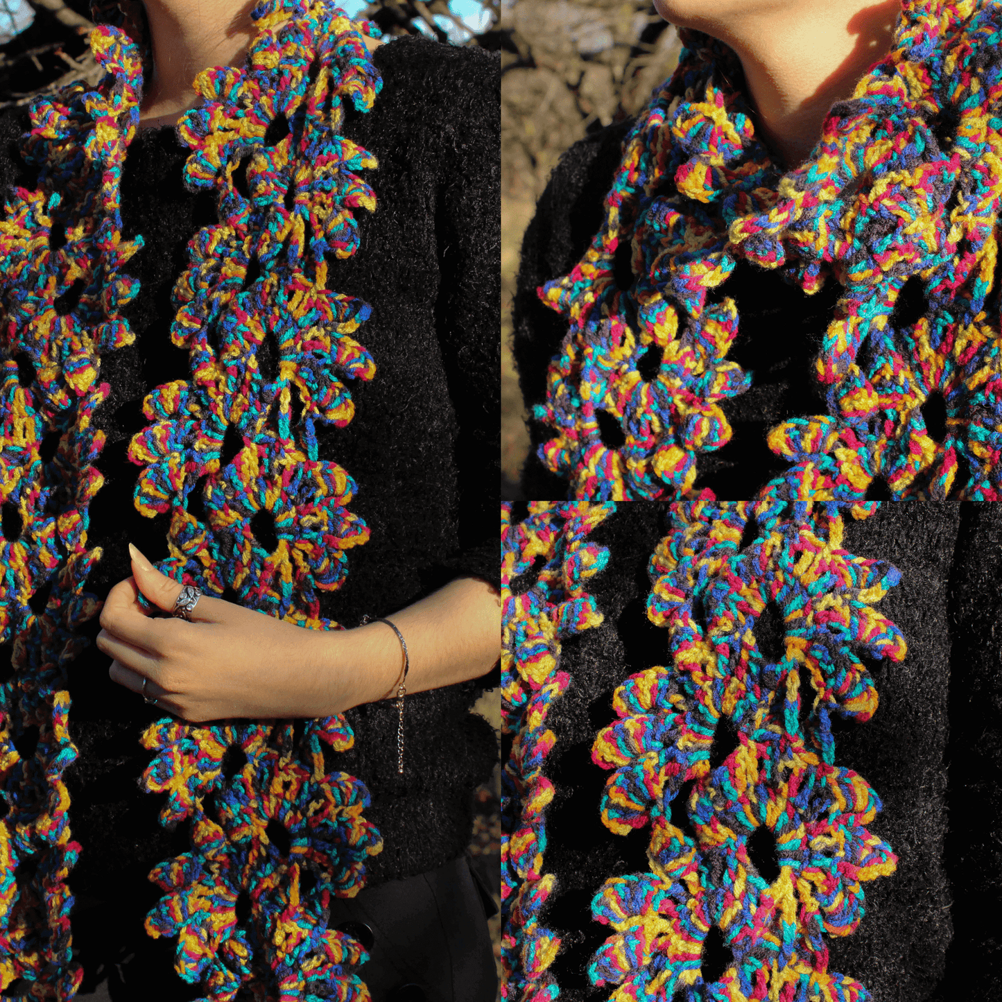 Fular floral croșetat din fir acrilic multicolor