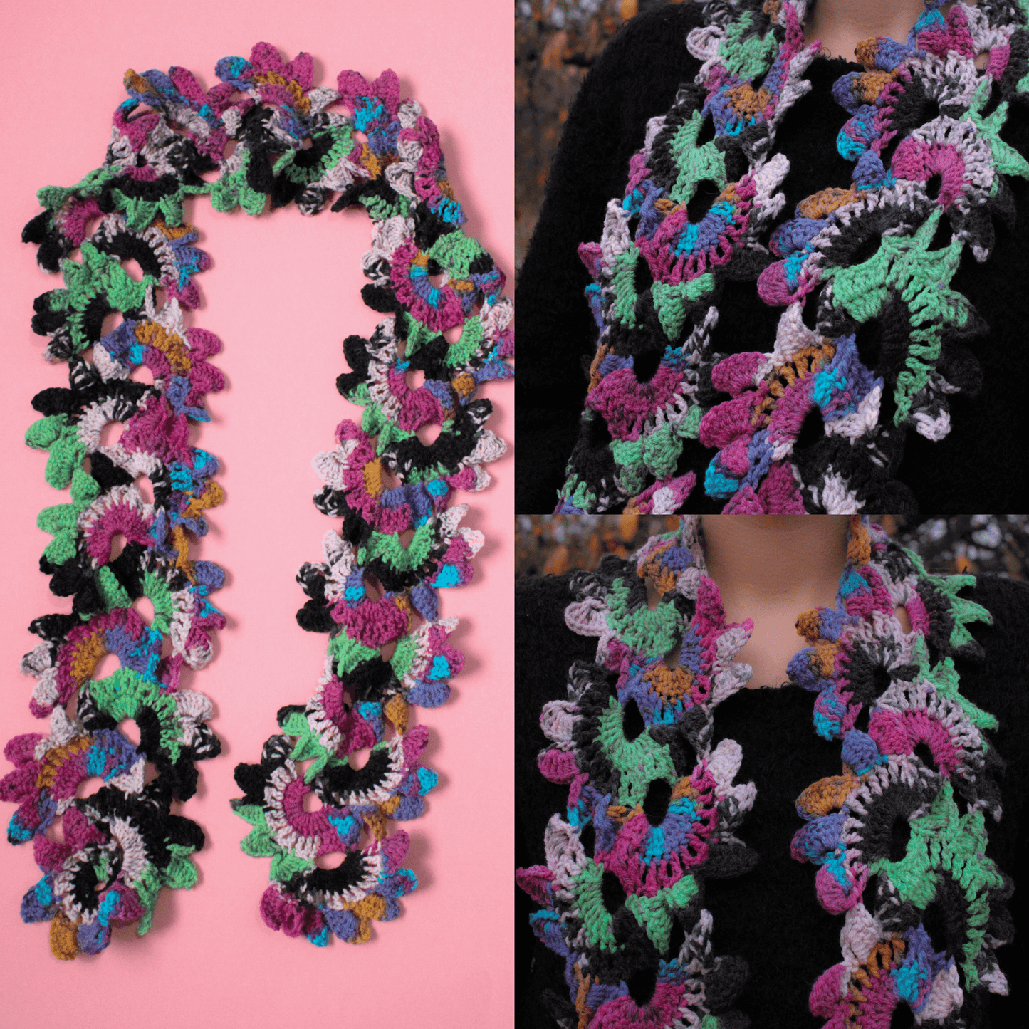 Fular floral croșetat din fir acrilic multicolor