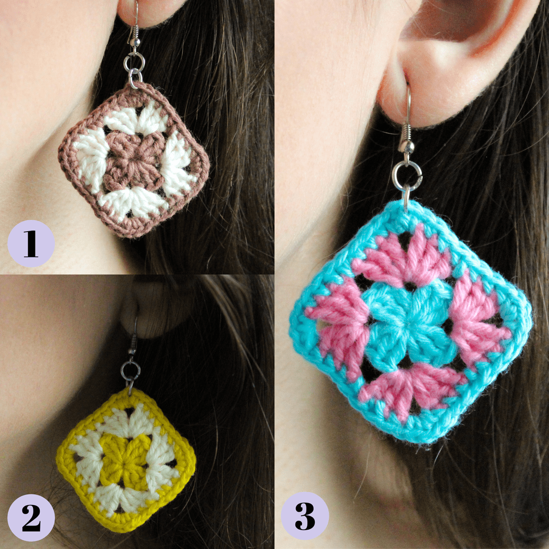 Cercei croșetați cu granny squares realizate din bumbac