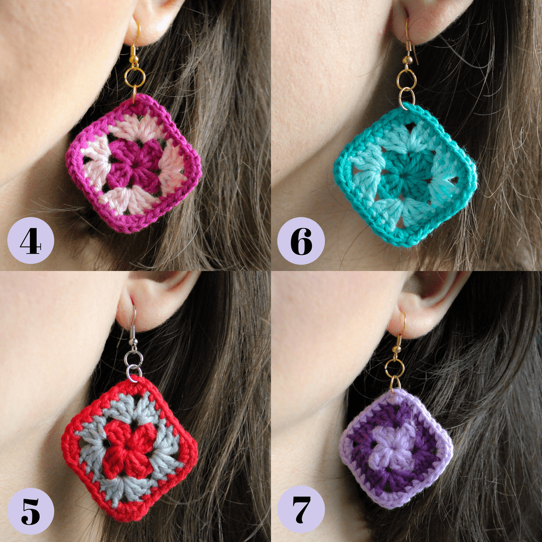 Cercei croșetați cu granny squares realizate din bumbac
