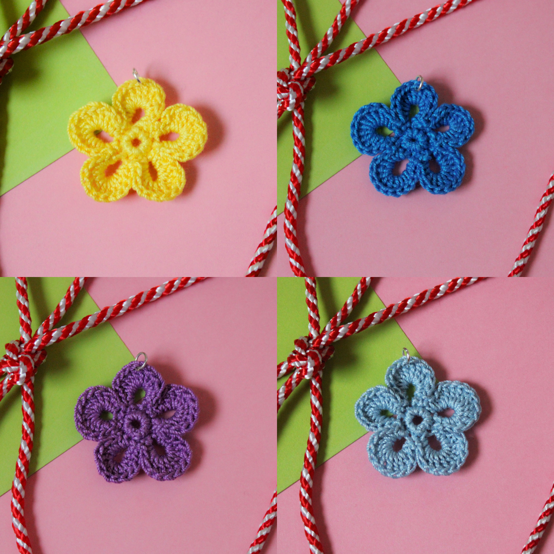 Mărțișor handmade - Flori croșetate din fir lucios